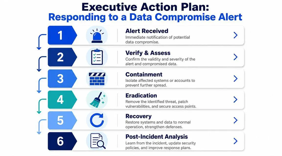 A six-step infographic detailing the executive action plan for responding to a corporate data compromise alert.
