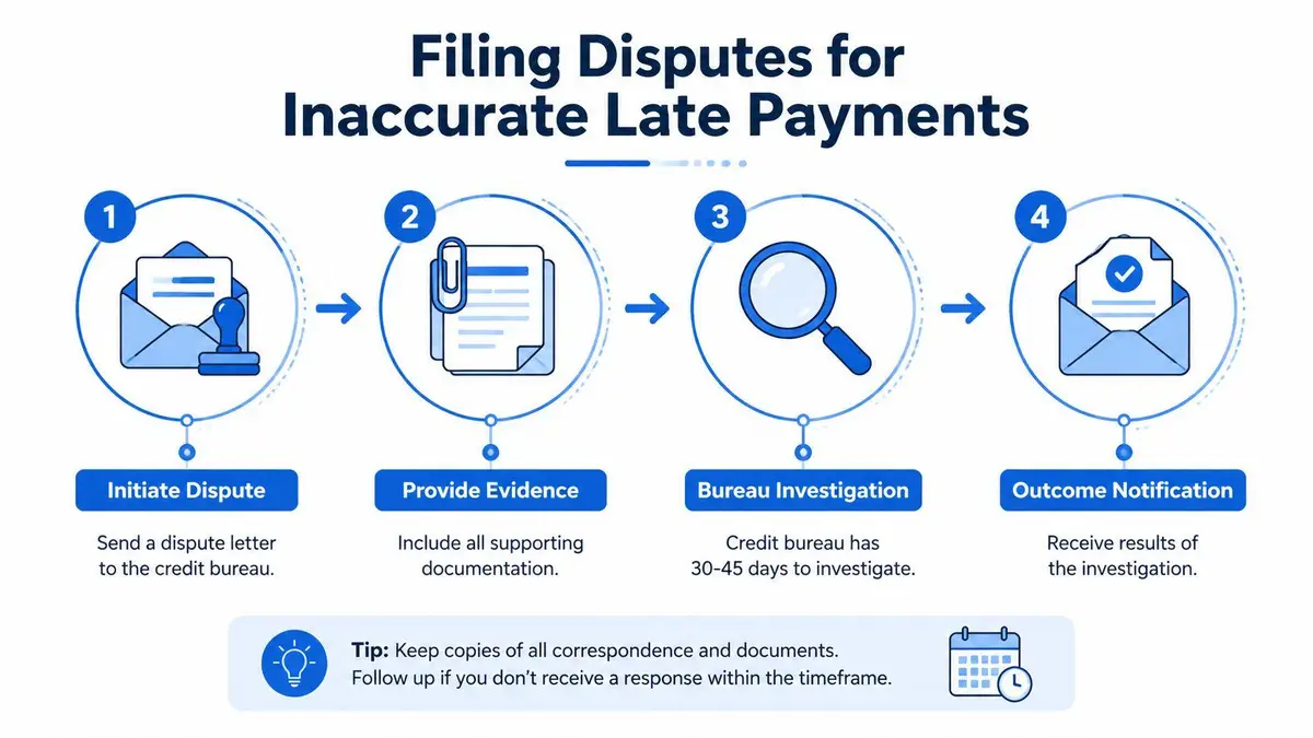 A four-step infographic explaining how to file a dispute for an inaccurate late payment on a credit report.