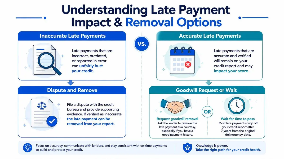 An infographic detailing how to handle inaccurate and accurate late payments on your credit report.
