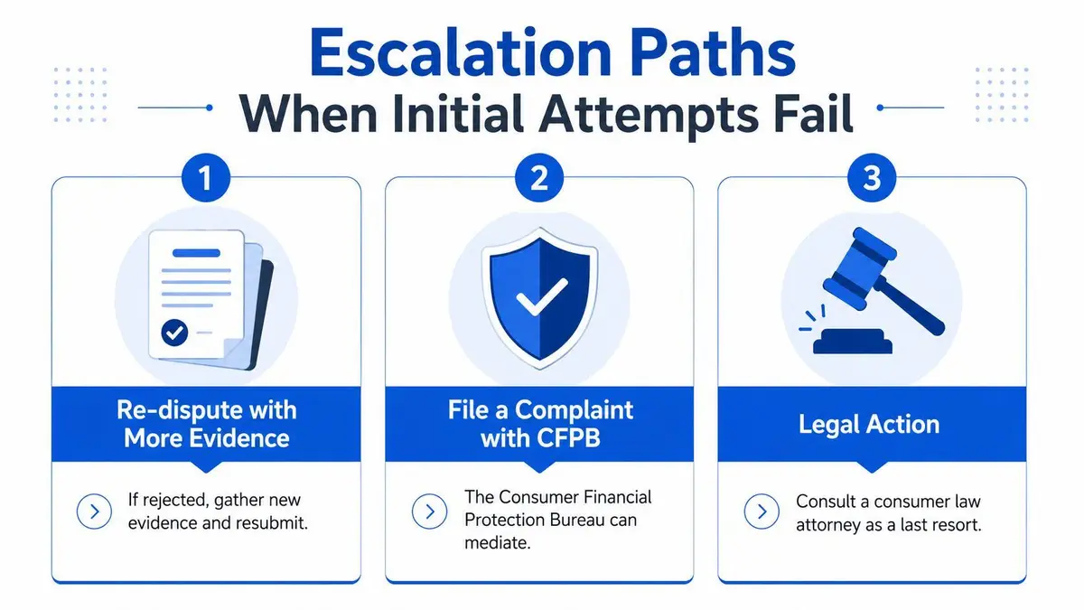 A three-step infographic showing escalation paths including re-disputing, filing a CFPB complaint, and taking legal action.
