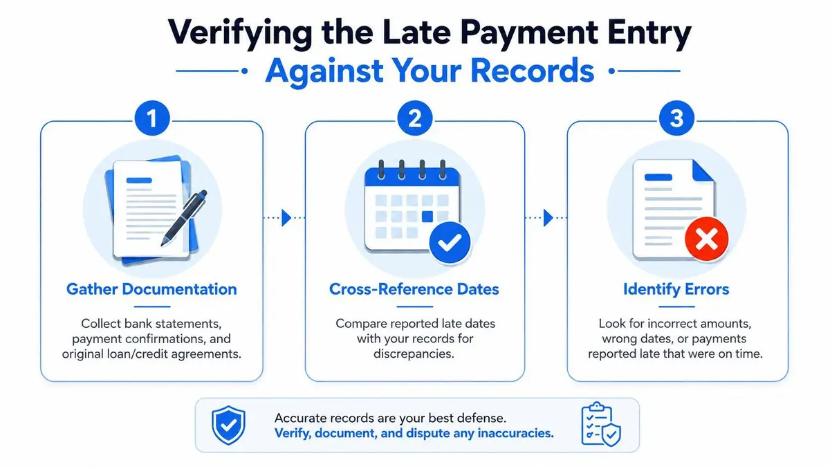 A step-by-step infographic showing how to verify late payment entries by gathering documents, checking dates, and identifying errors.