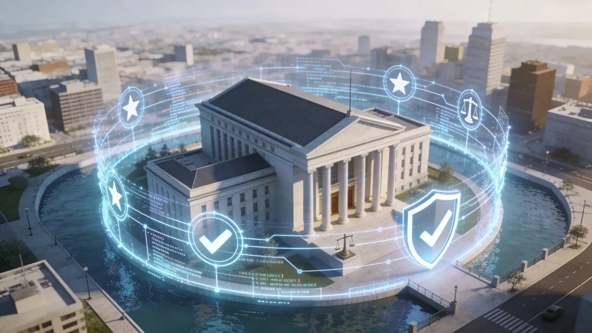 A majestic courthouse building surrounded by a digital holographic ring featuring icons of law and security.