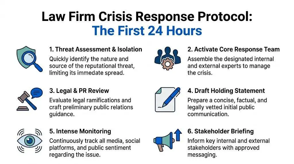 A six-step infographic detailing the initial crisis response protocol for a law firm within twenty-four hours.