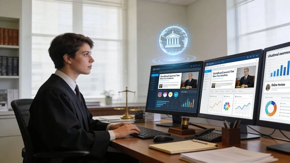 A judge using a computer in an office with digital court and data visualizations displayed on monitors.