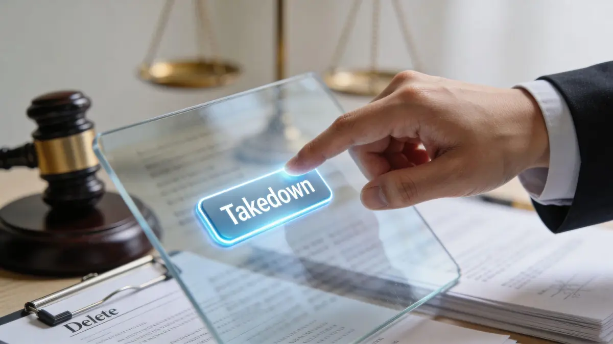 A professional in a suit pressing a virtual button labeled Takedown on a digital glass interface.