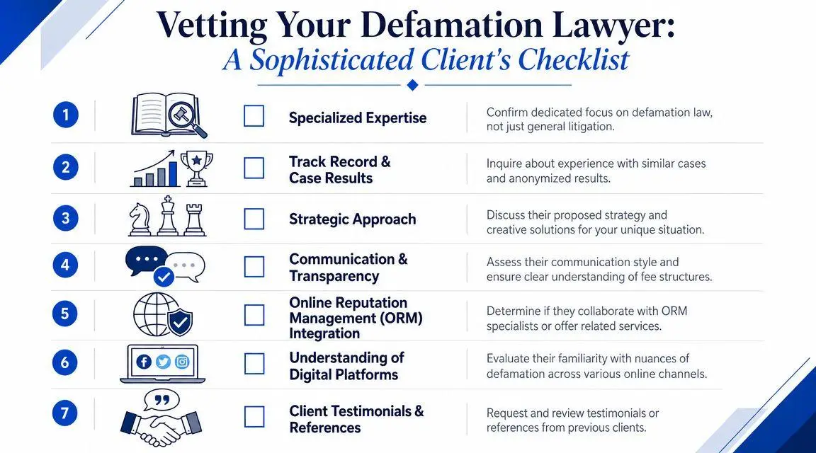 A checklist for choosing a specialized defamation lawyer featuring seven key considerations for potential clients.