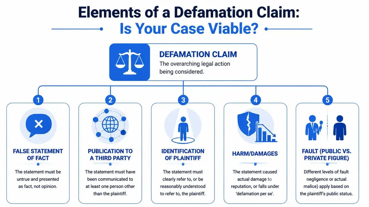 An infographic detailing the five essential legal elements required to prove a successful defamation claim.