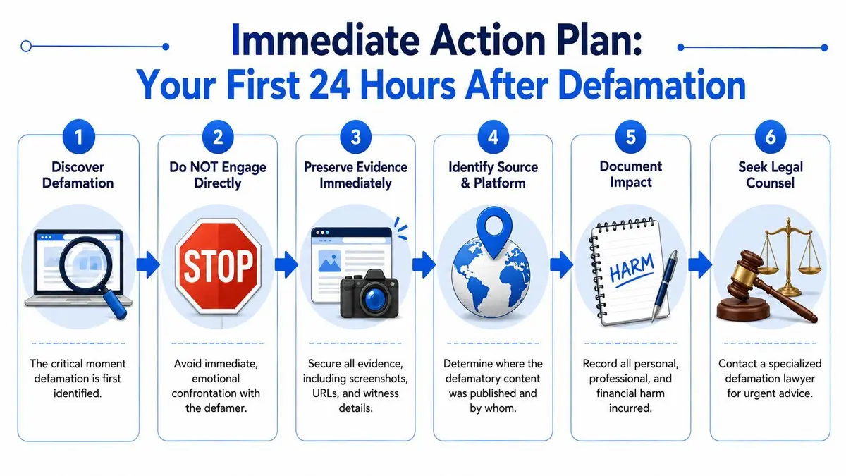 An infographic detailing a six-step action plan to take within 24 hours after experiencing online defamation.