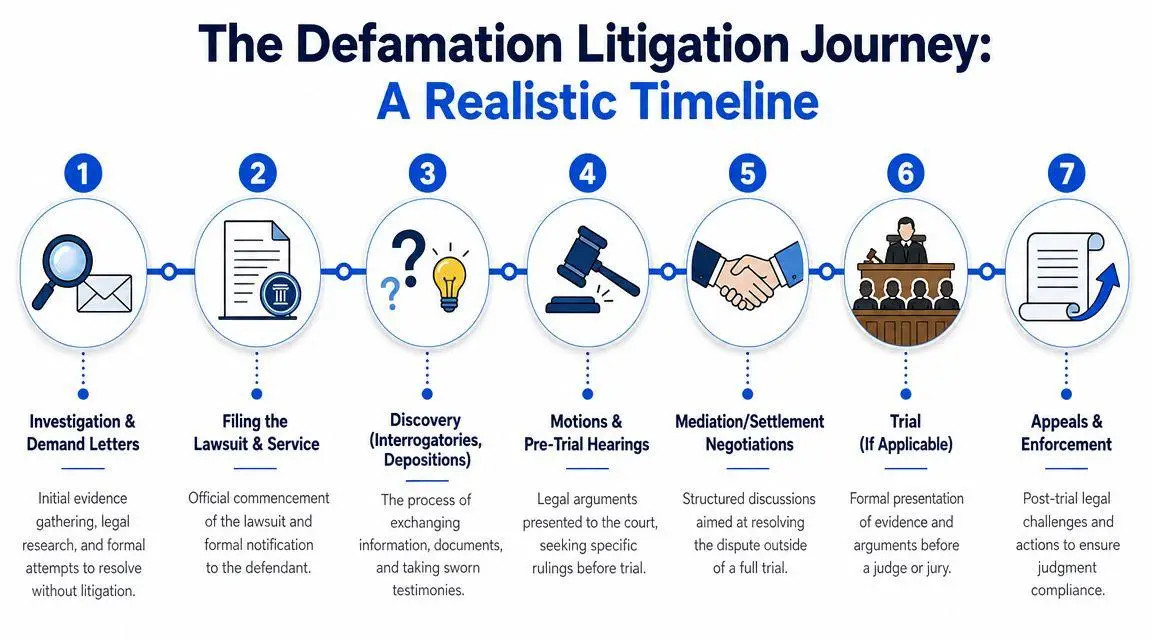 A seven-step infographic detailing the chronological legal process involved in a typical defamation lawsuit journey.
