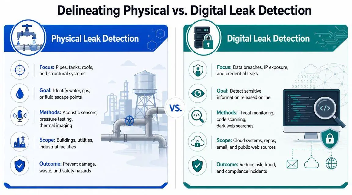 A comparison infographic showing the key differences between physical leak detection and digital leak detection systems.