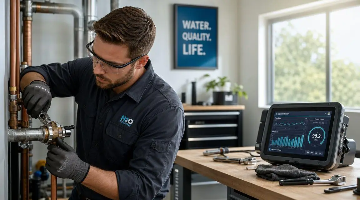 A professional technician wearing safety glasses and gloves uses tools to repair plumbing pipes.