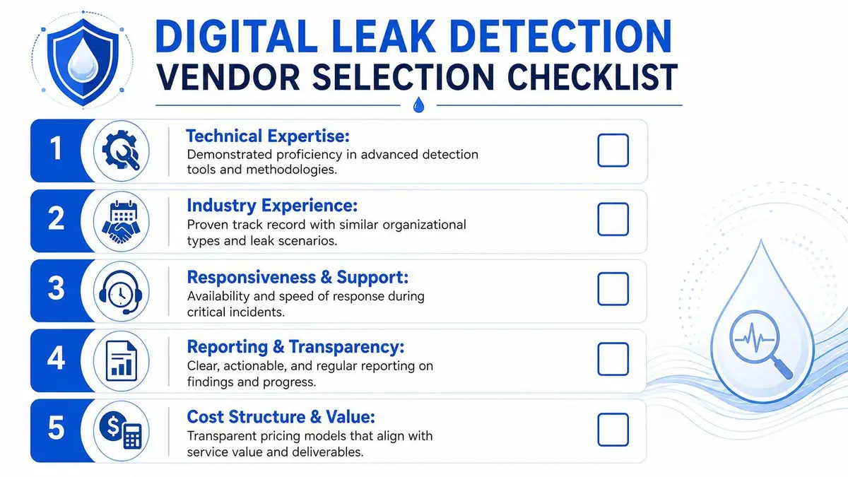 A professional checklist for evaluating digital leak detection vendors with five key criteria for business selection.
