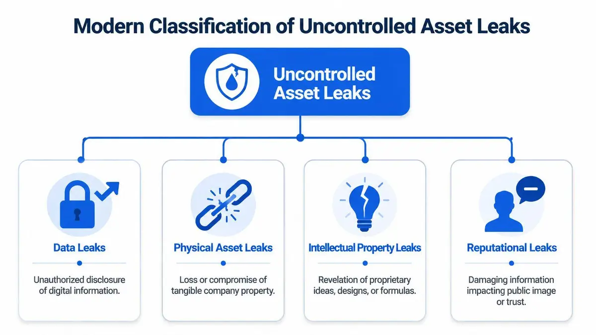 A diagram categorizing uncontrolled asset leaks into data, physical, intellectual property, and reputational security incidents.