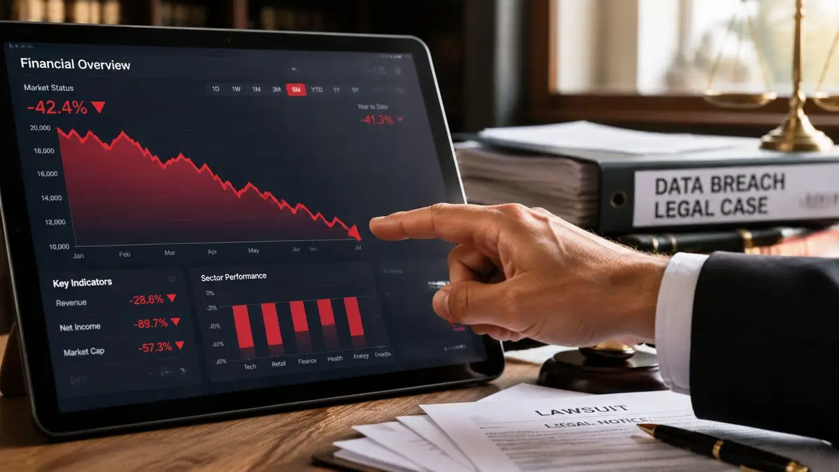 A professional analyzing a sharp stock market decline on a tablet next to a legal file.