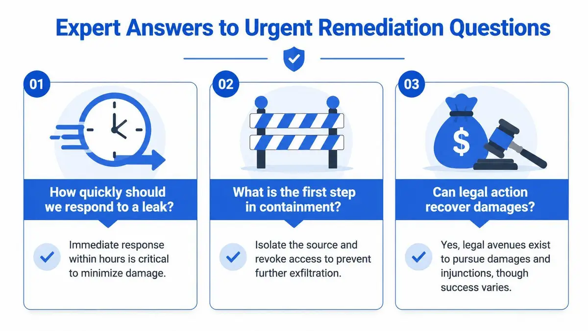 An infographic titled Expert Answers to Urgent Remediation Questions highlighting steps to respond to data leaks.