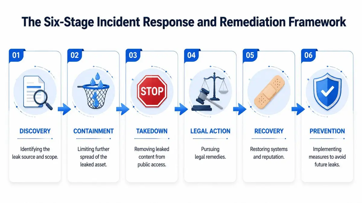 A six-stage incident response and remediation framework diagram showing steps from discovery to final prevention.