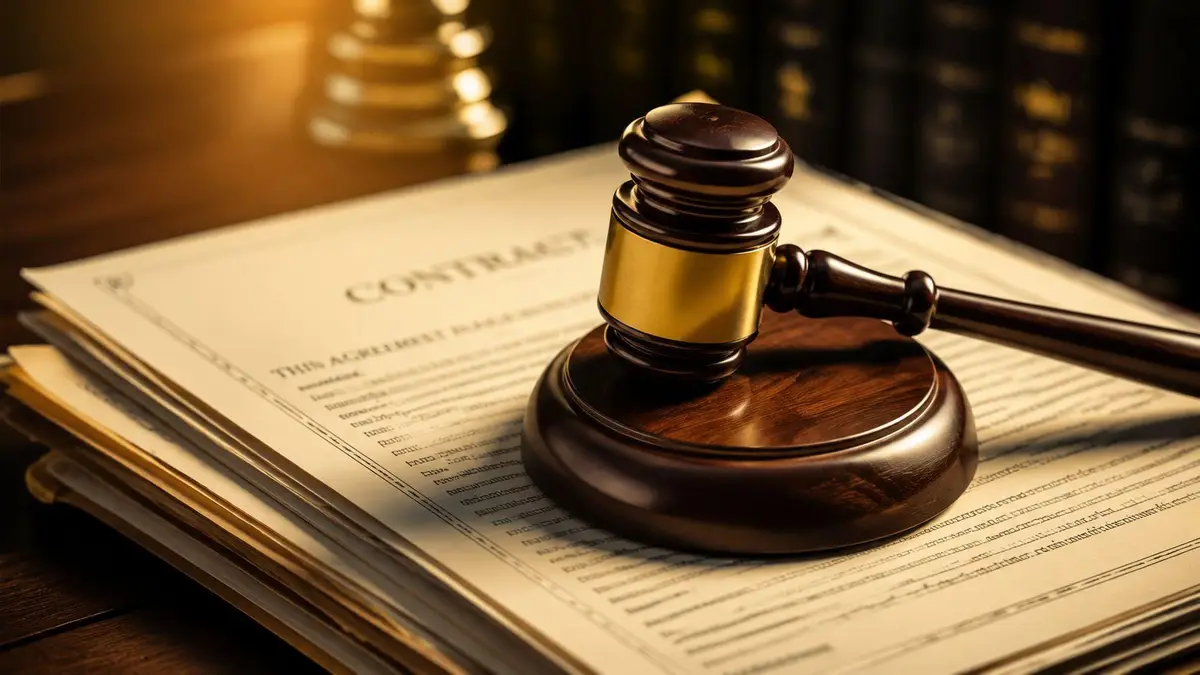 A wooden gavel resting on top of a legal contract document on a desk with law books.