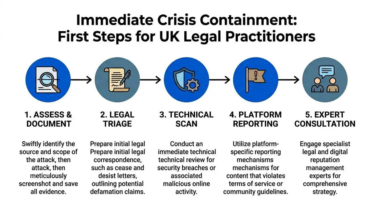 A five-step flowchart outlining immediate crisis containment procedures for UK legal practitioners dealing with online attacks.