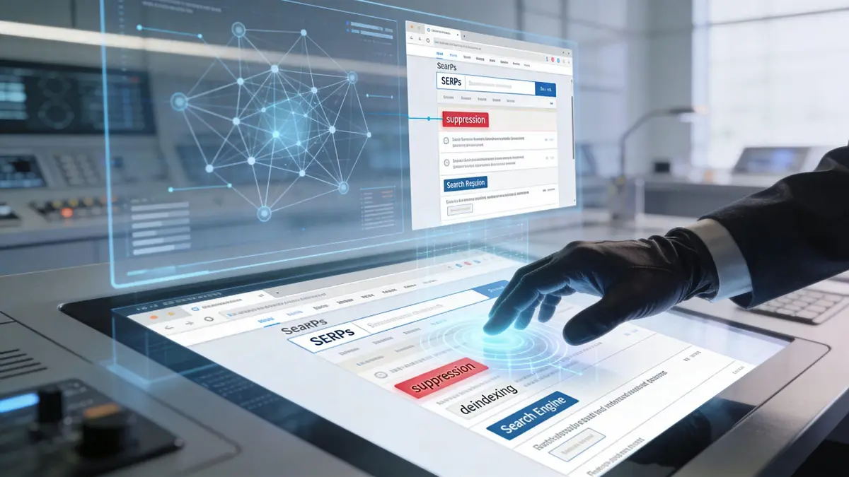 A professional in a suit and black glove interacts with a futuristic digital interface displaying SEO suppression terms.