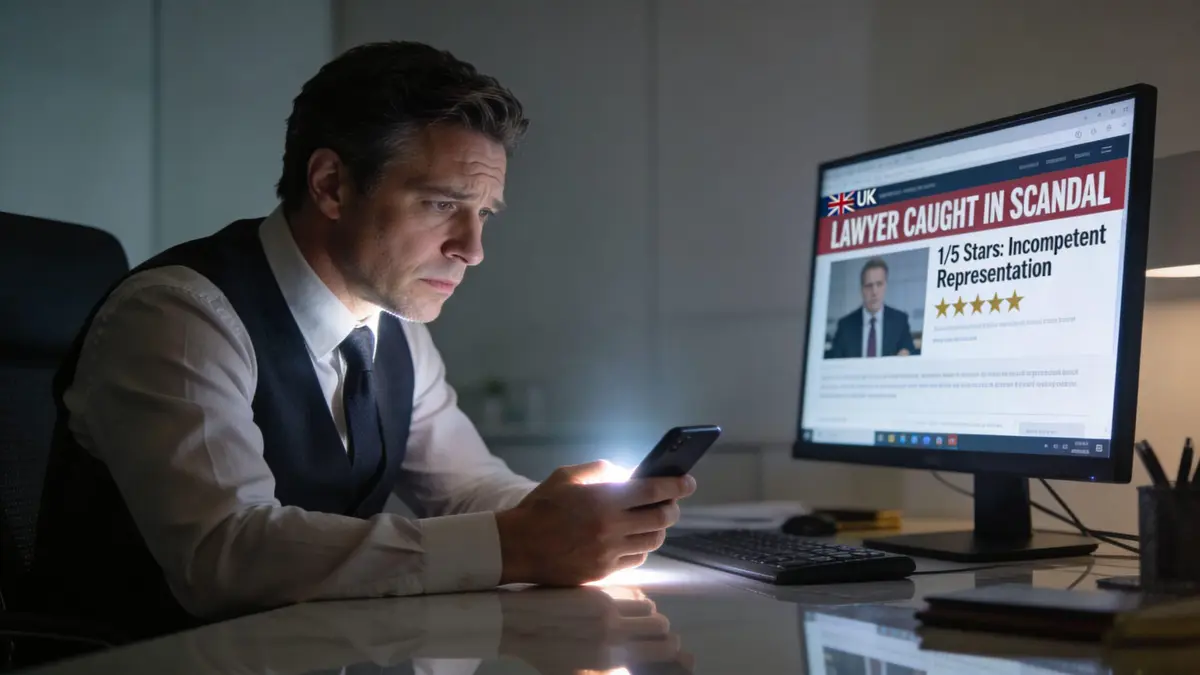 A concerned lawyer in a suit looks at his smartphone while sitting before a computer screen showing scandal news.