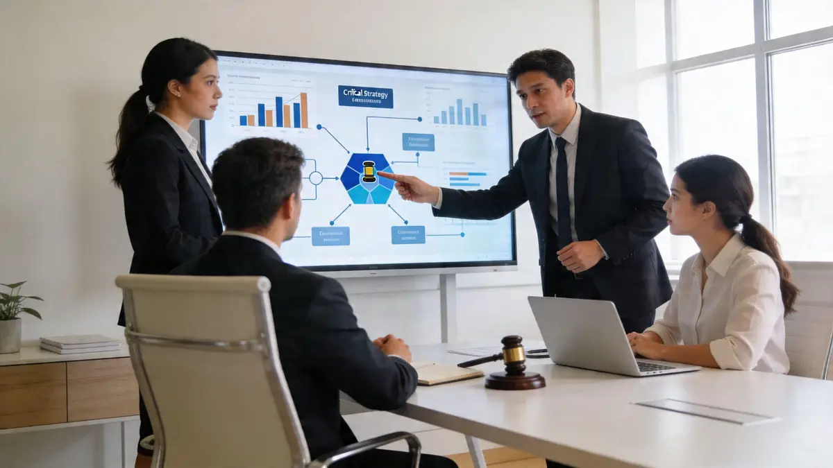 A group of professional lawyers presenting a strategy to clients using a screen and a legal gavel.