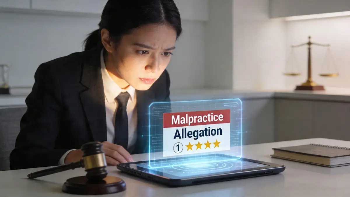 A professional lawyer looks intently at a glowing digital screen displaying a medical malpractice allegation with stars.