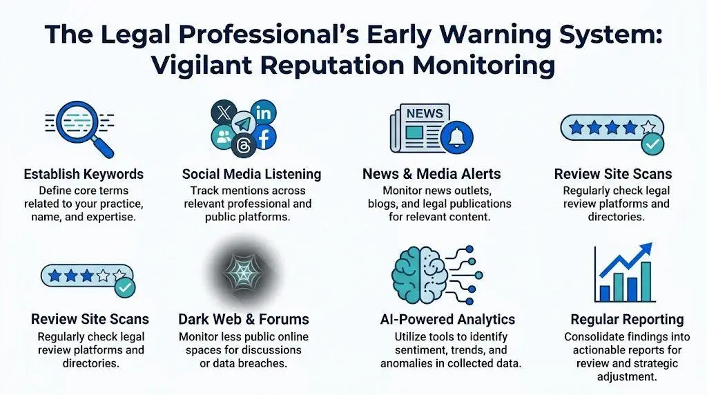 An infographic detailing an early warning system for legal professionals to monitor their online reputation and digital presence.