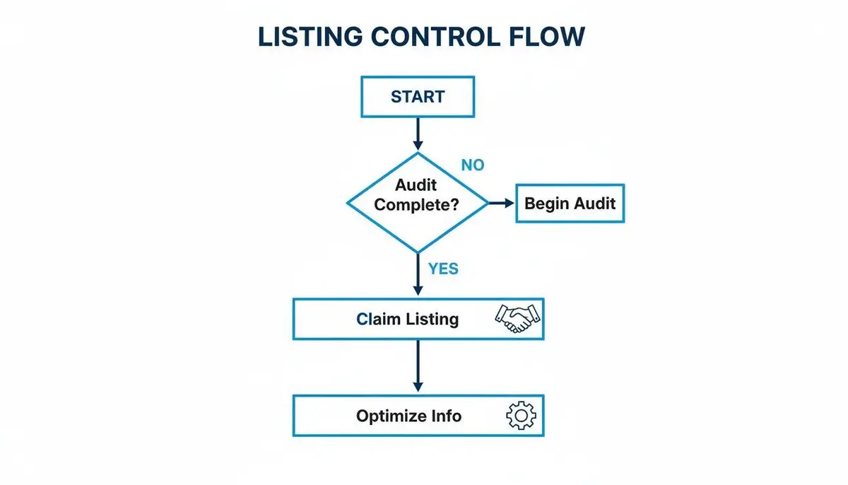Flowchart showing the listing control process, including audit, claiming, and optimization steps.