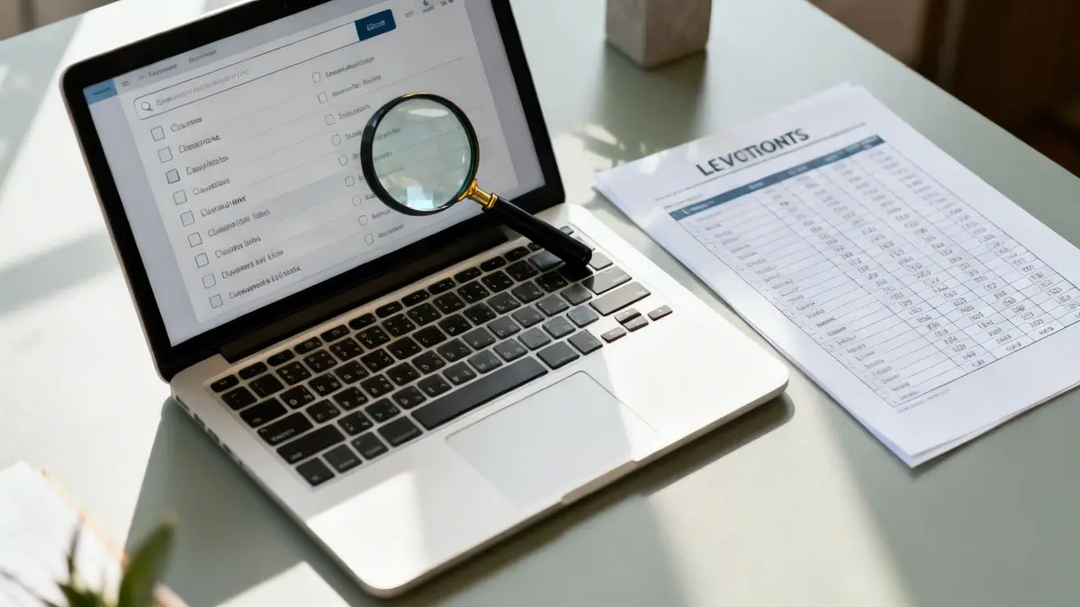 Close-up of a laptop showing search listings, a magnifying glass, and a business document.