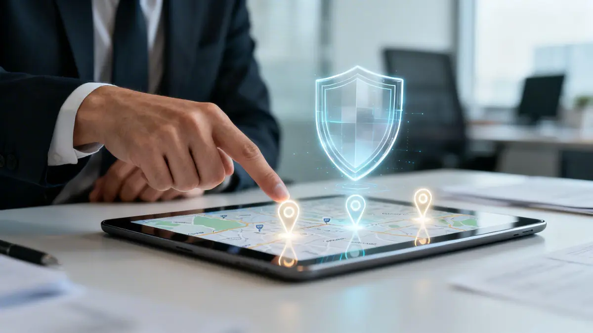 A businessman taps a glowing location pin on a tablet displaying a map, with a holographic shield.