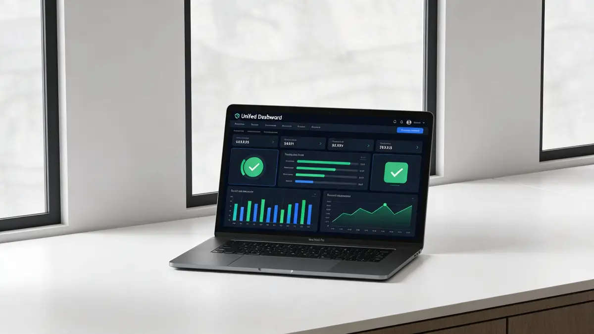 A modern laptop displaying a financial dashboard analytics interface sitting on a clean white desk by windows.