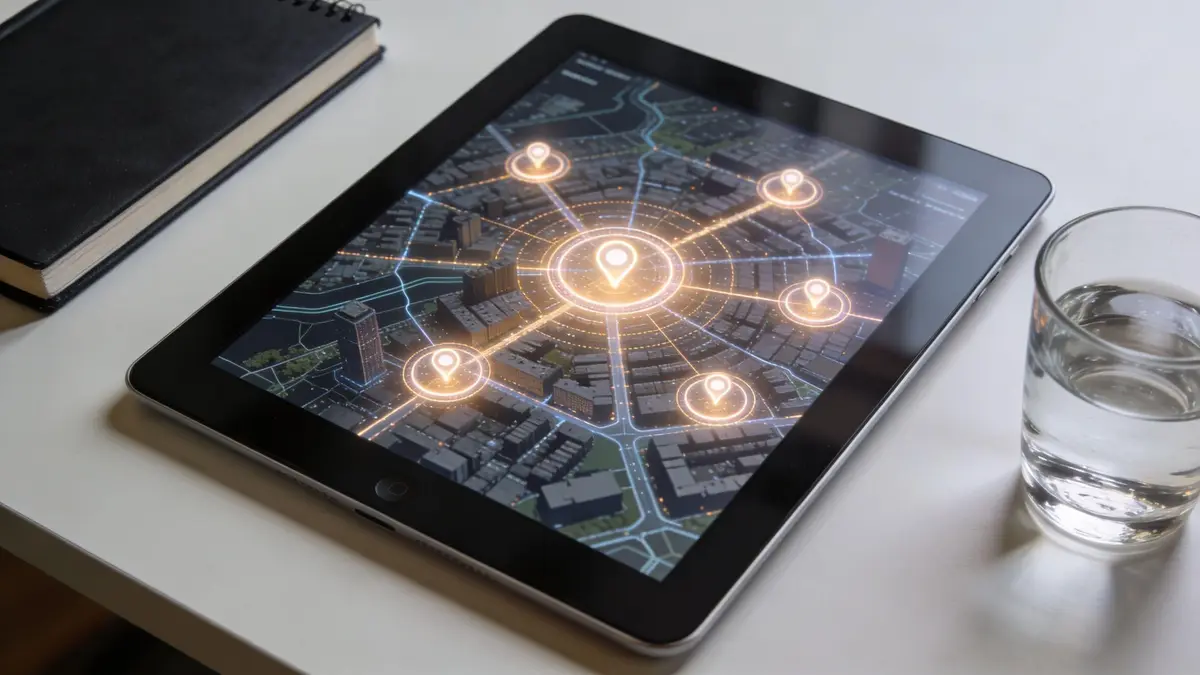A tablet on a desk displaying an interactive digital city map with glowing location pins and connections.