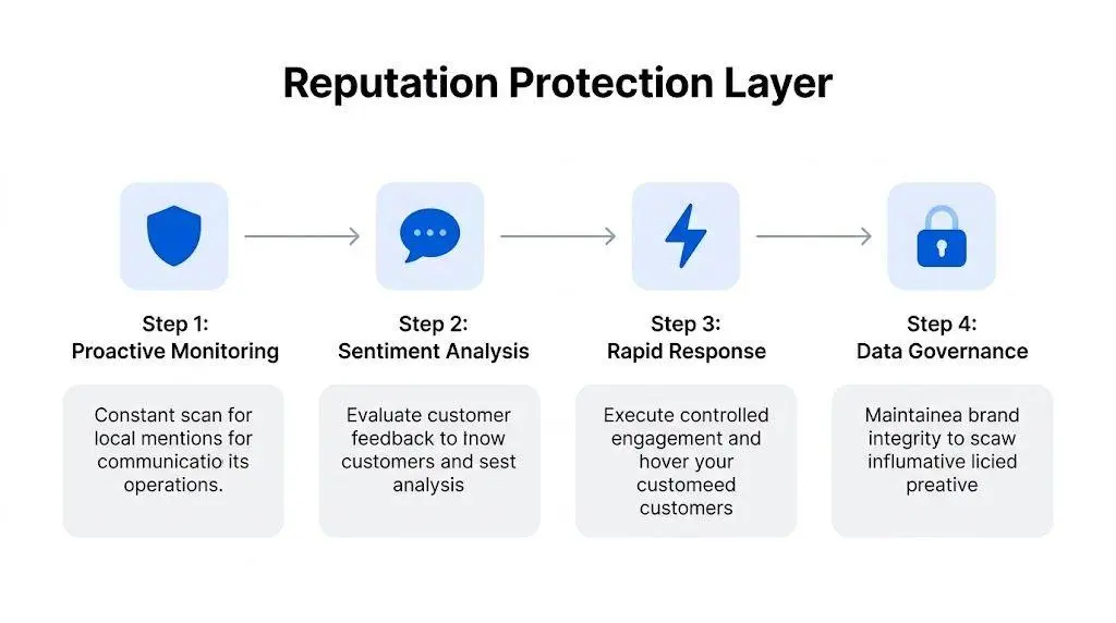 A four-step diagram illustrating the reputation protection layer process from proactive monitoring to data governance.