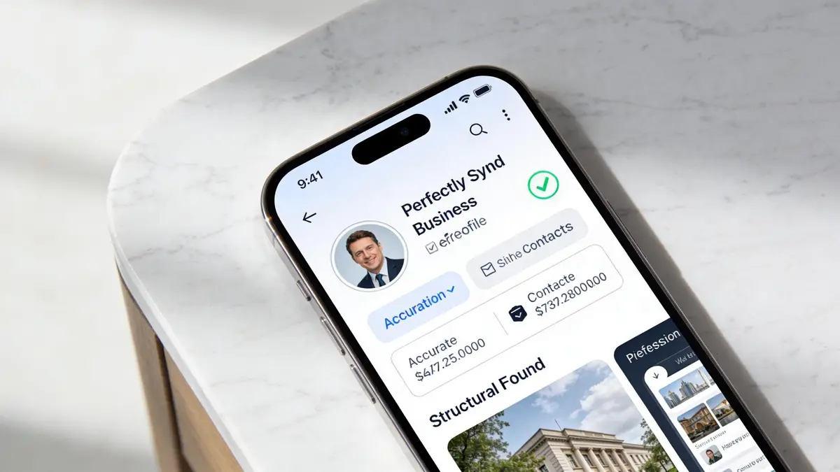 A close-up view of a smartphone screen displaying a business profile on a marble tabletop surface.