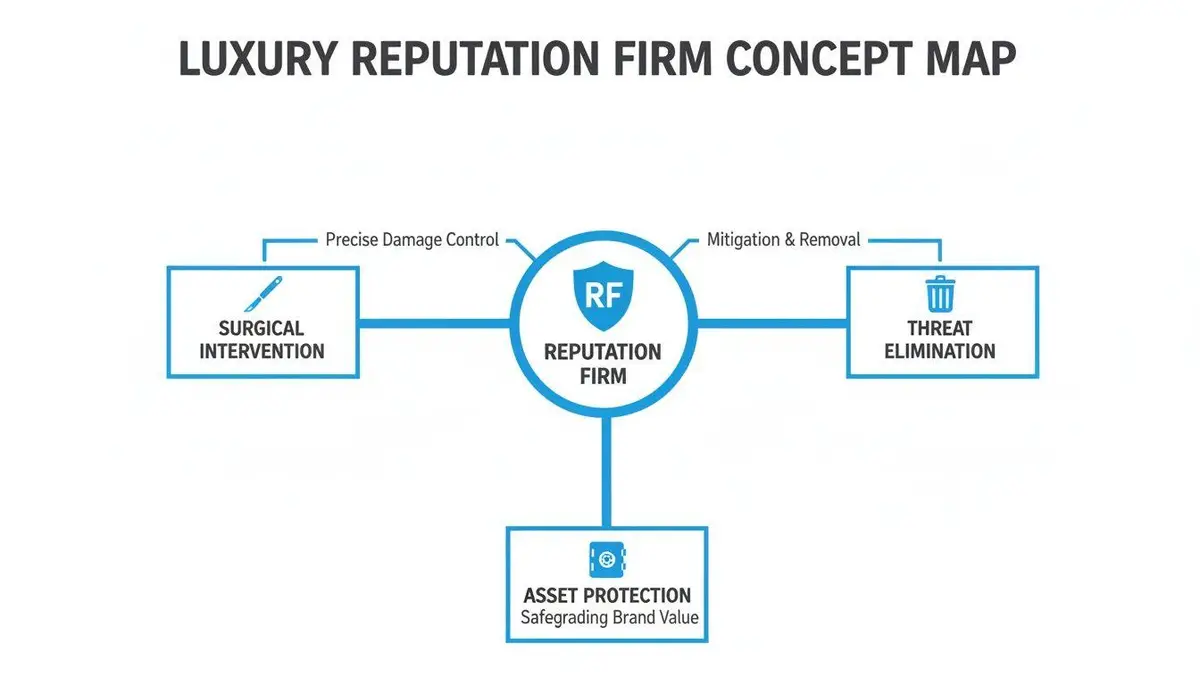 Concept map illustrating a luxury reputation firm's services: surgical intervention, threat elimination, and asset protection.