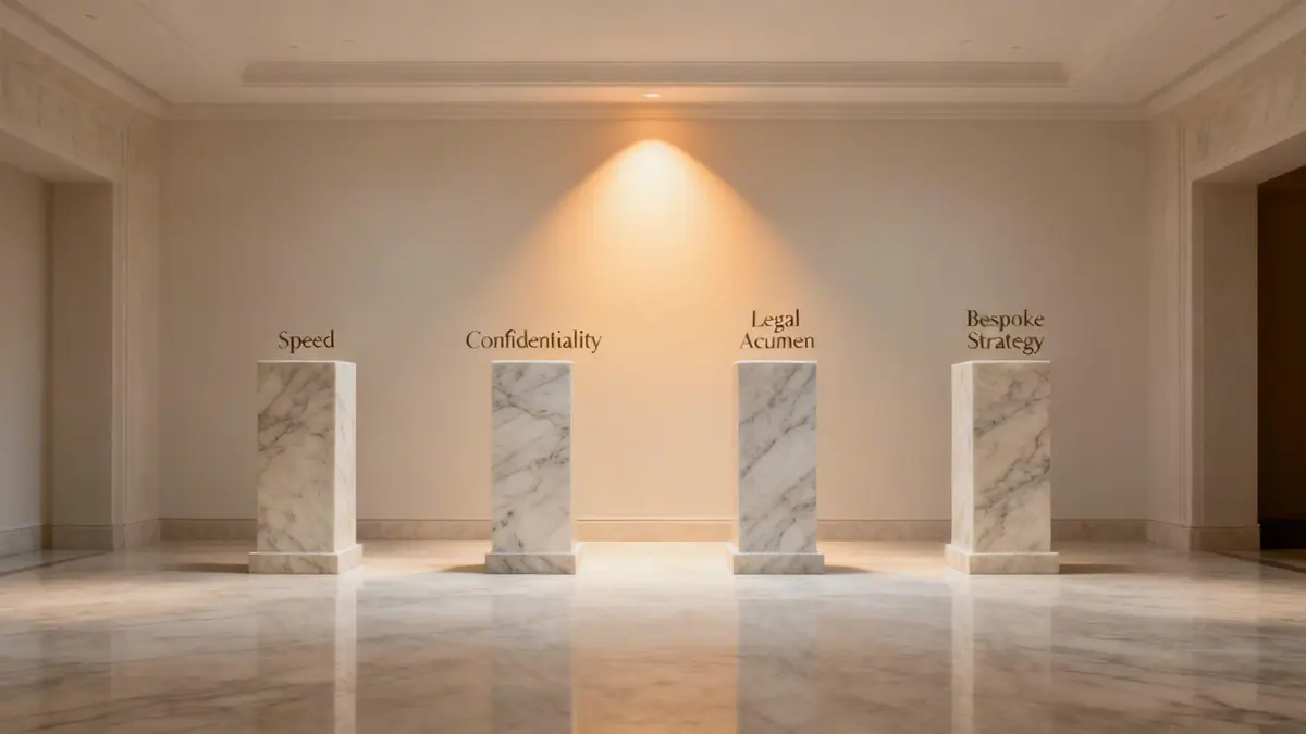 Four marble pedestals in a grand room representing speed, confidentiality, legal acumen, and bespoke strategy.