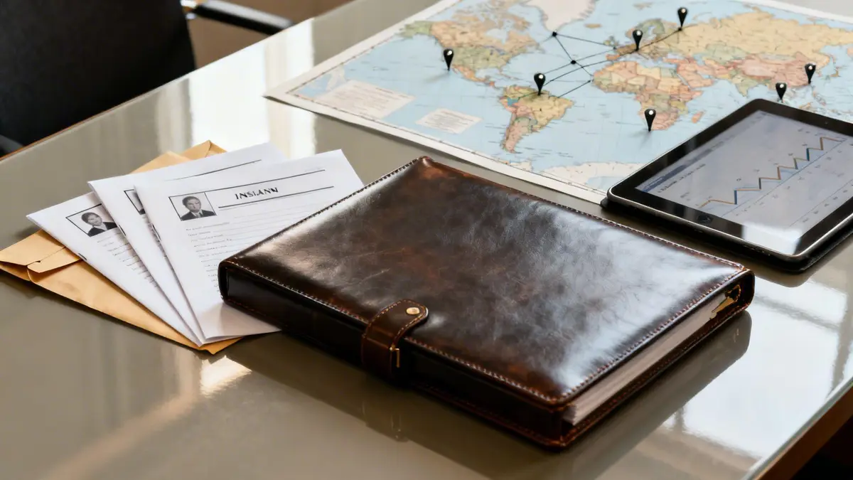A brown leather binder, documents, a world map with pushpins, and a tablet on a glossy desk.