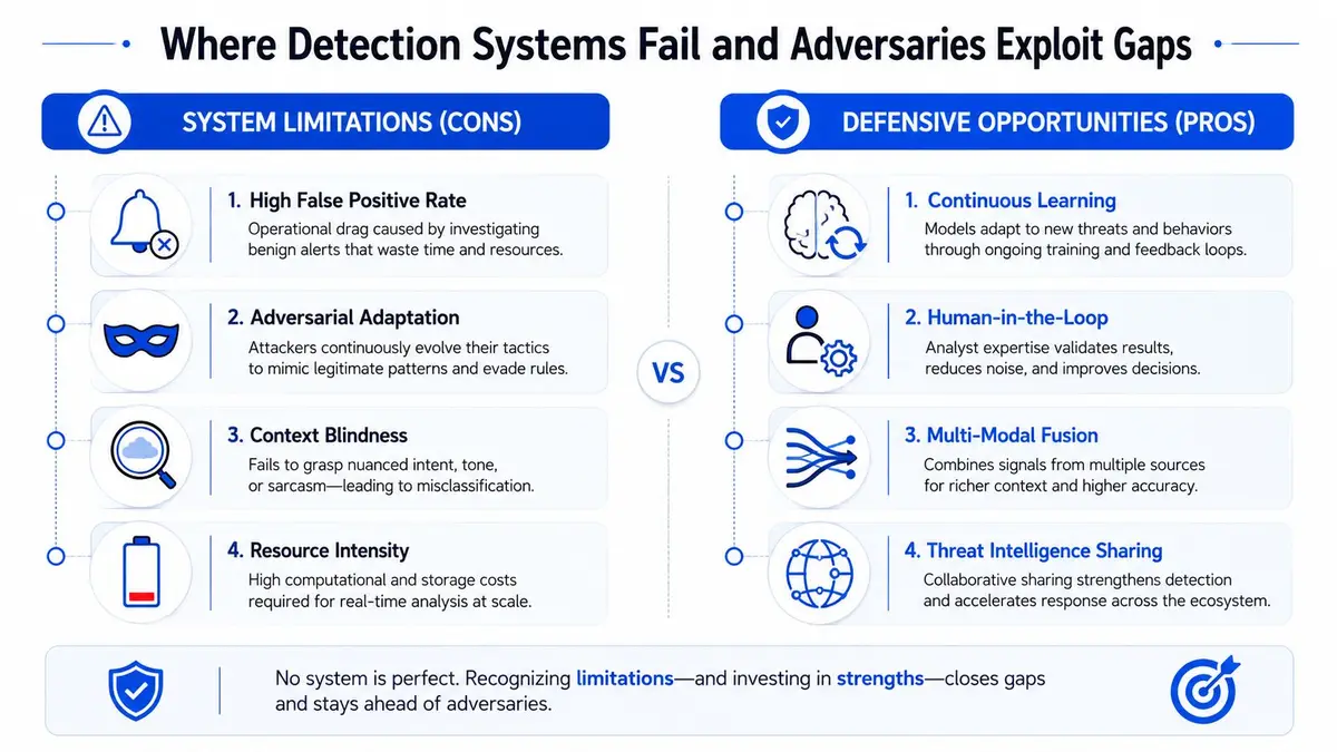 An infographic comparing the system limitations of detection systems against their defensive opportunities and strengths.