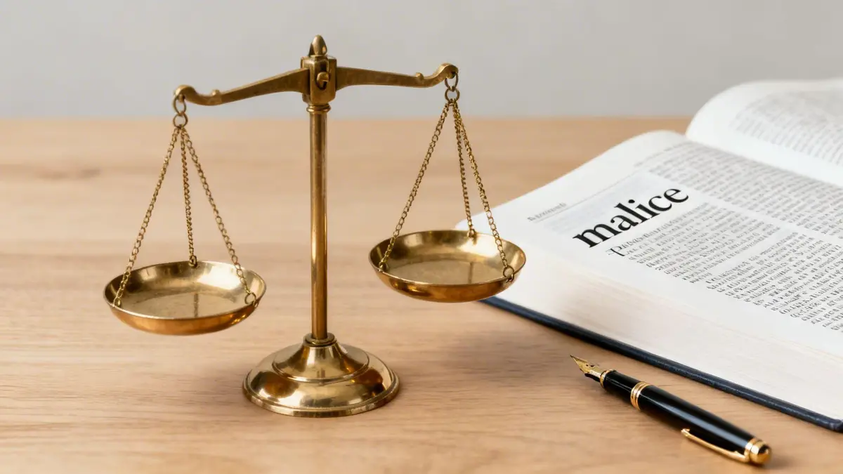A brass scale of justice sits next to an open dictionary displaying the word "malice" and a fountain pen on a wooden desk.
