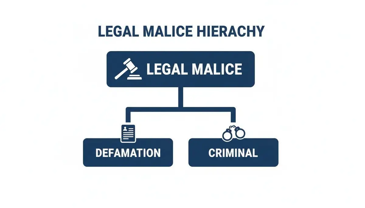 Hierarchy chart illustrating legal malice, branching into defamation and criminal legal categories.