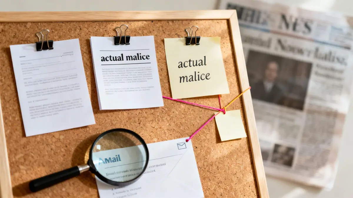 Cork board with 'actual malice' notes, magnifying glass, strings, and a newspaper, suggesting a legal investigation.