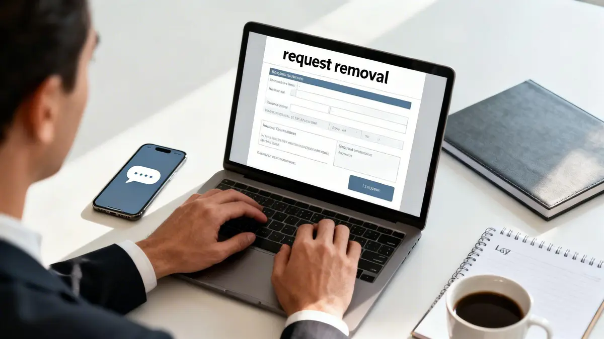 A person is typing on a laptop with a 'request removal' form, next to a smartphone with a chat icon, notebook, and coffee.