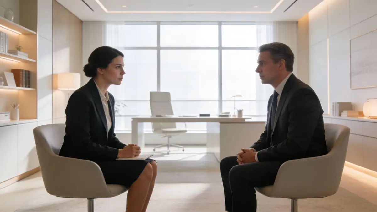 A professional woman and a man in business suits having a serious conversation in a modern office.