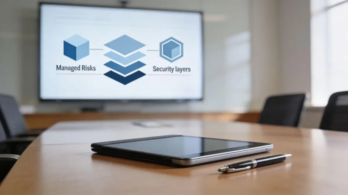 A modern boardroom with a table holding a tablet and pen, facing a screen showing a cybersecurity diagram.
