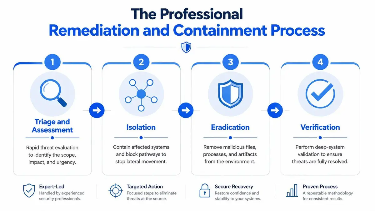 A four-step infographic illustrating a professional cybersecurity remediation and containment process for malware removal and system security.