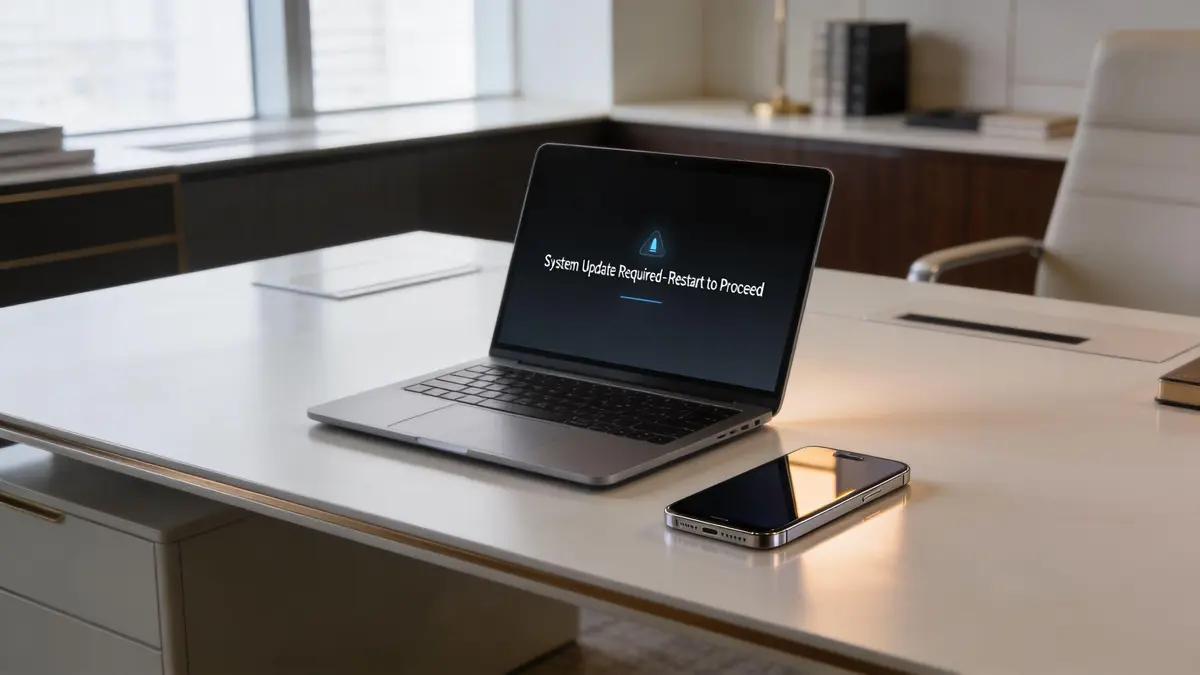 A silver laptop sitting on a desk with a screen displaying a system update required notification.