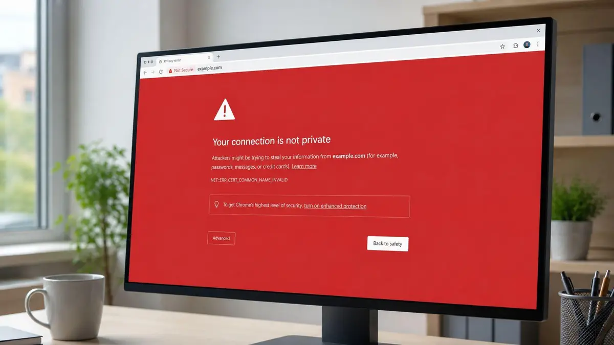 A computer monitor displaying a red Google Chrome privacy error warning screen about an insecure internet connection.
