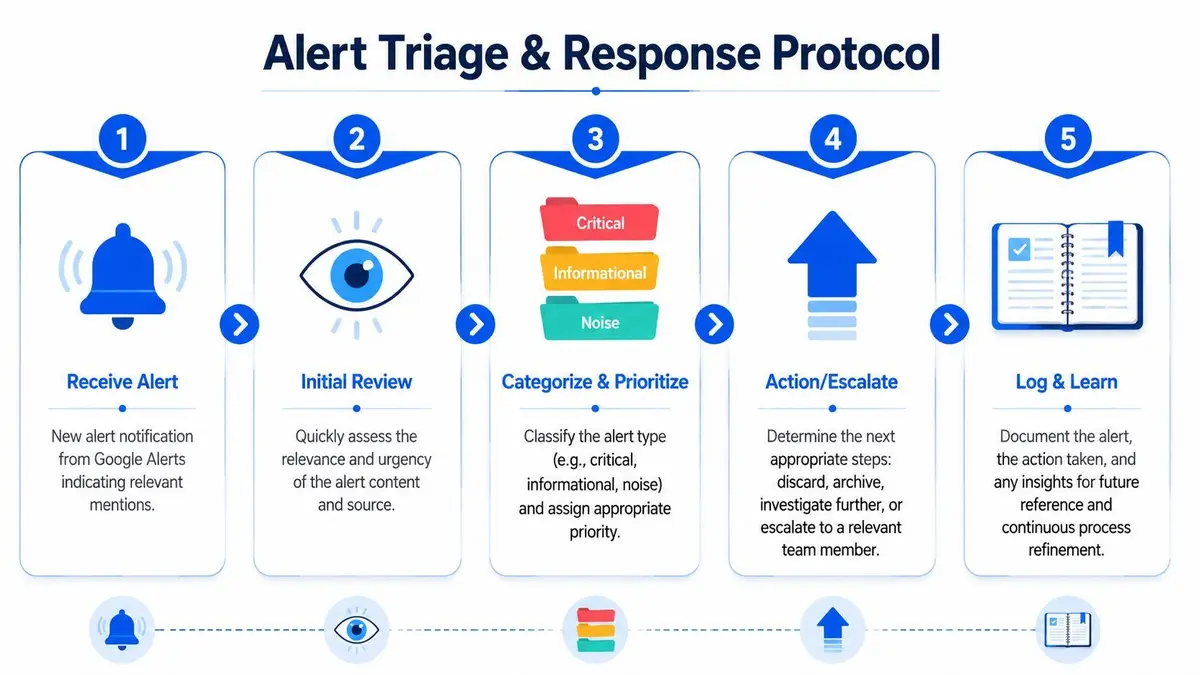 A five-step flowchart illustrating a structured professional protocol for managing and responding to Google Alerts notifications.