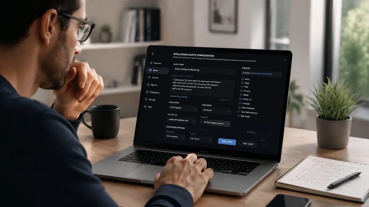 A professional analyzing a cybersecurity intelligence alert configuration dashboard on a laptop computer in an office.