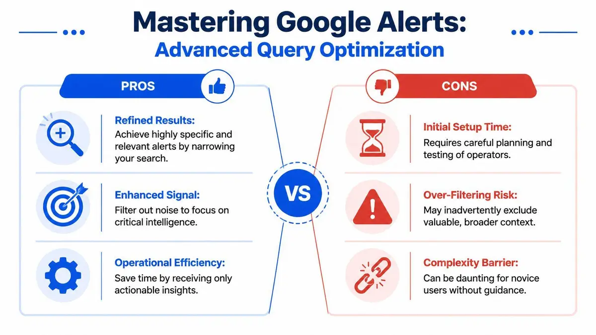 A comparison infographic showing the pros and cons of using advanced query optimization for Google Alerts.